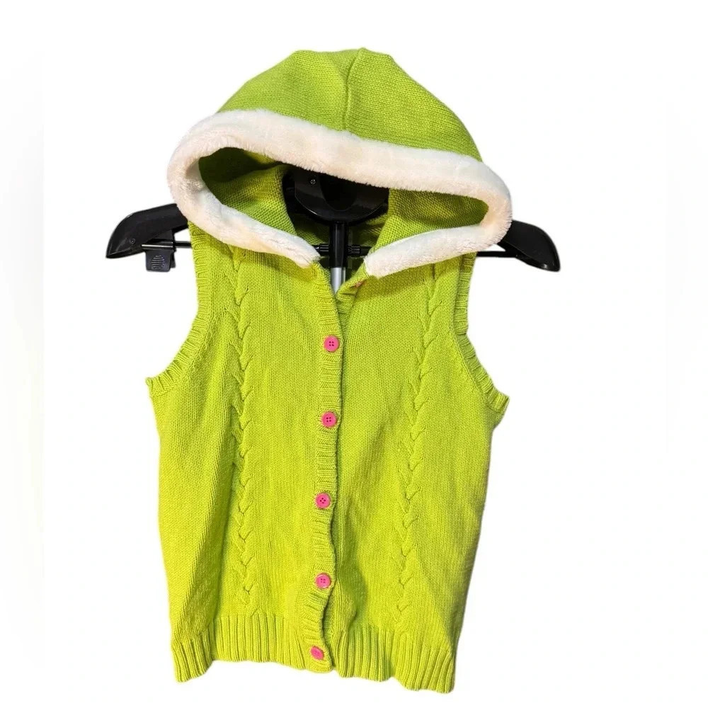 Gymboree Girl vest lime green with pink buttons and fuzzy trim hood k142